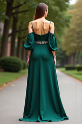 Cold Shoulder Satin Dark Green Wedding Guest Dress Long Formal Dress
